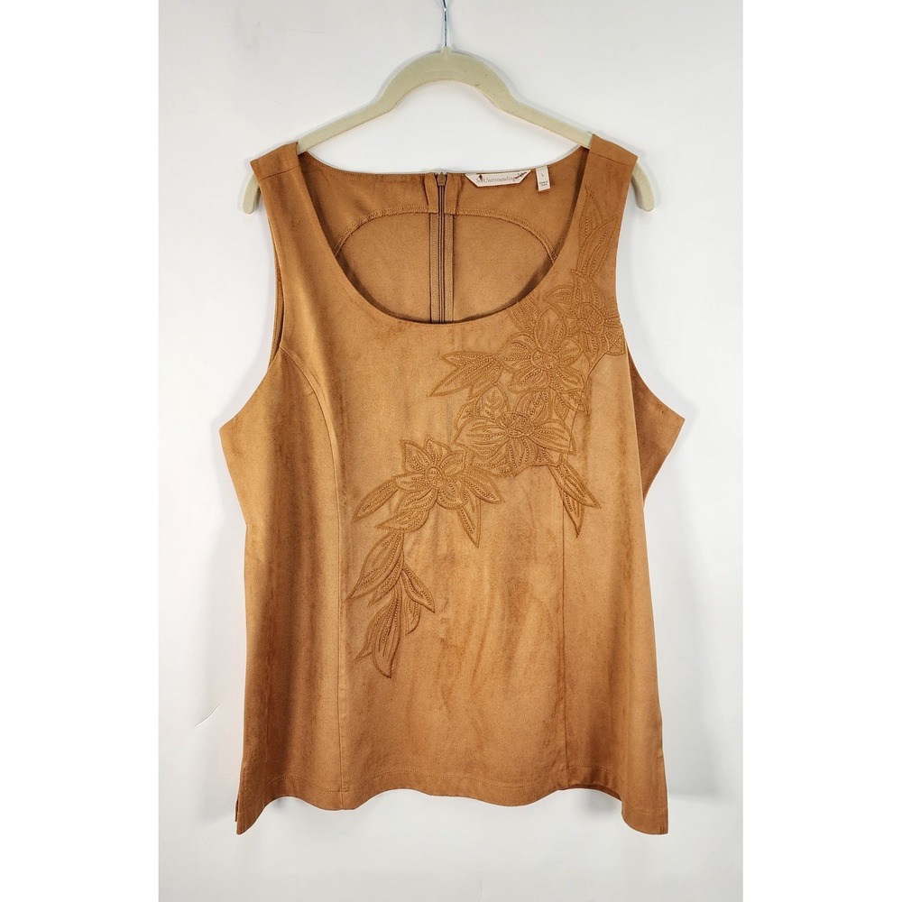 Soft Surroundings Constance Top Women's L Brown Sugar Faux Suede Embroidered